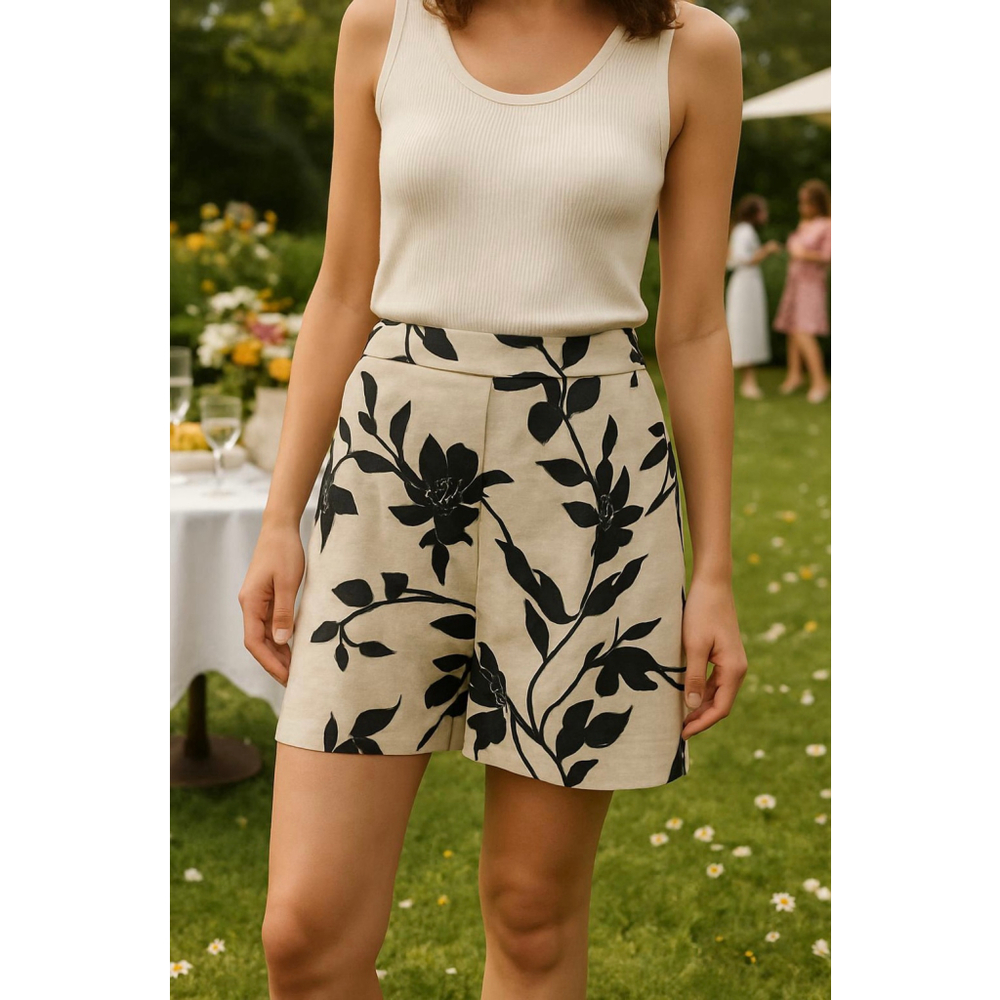 Women's Ophelia Roe High Waist Floral‎ Shorts Beige Black 1X Linen Blend Coastal